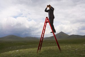 Businessman with Binoculars on Ladder